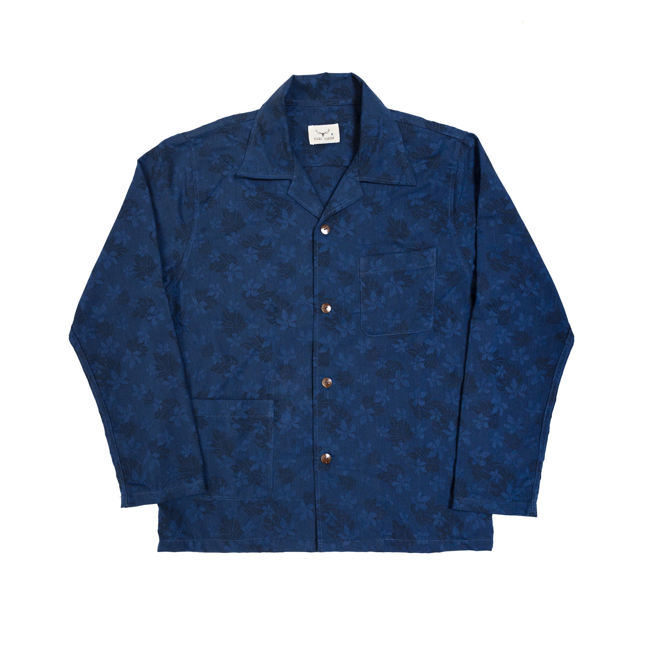 INDIGO DYED FLORAL JACQUARD CAMP COLLAR L/S SHIRT | Nama Denim