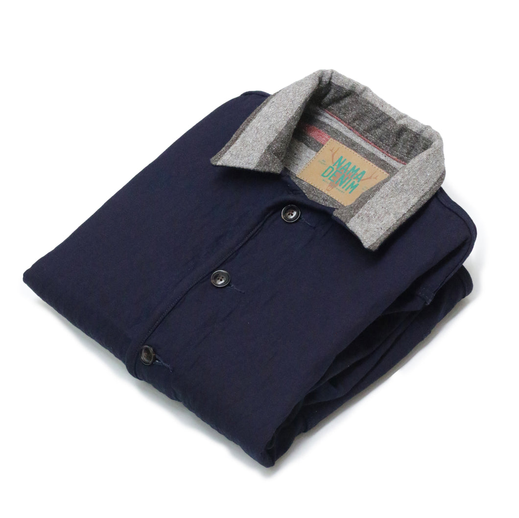 INDIGO QUILTED REVERSIBLE BLANKET-LINED JACKET (Indigo Diamond Quilt × Vintage Blanket Stripe)