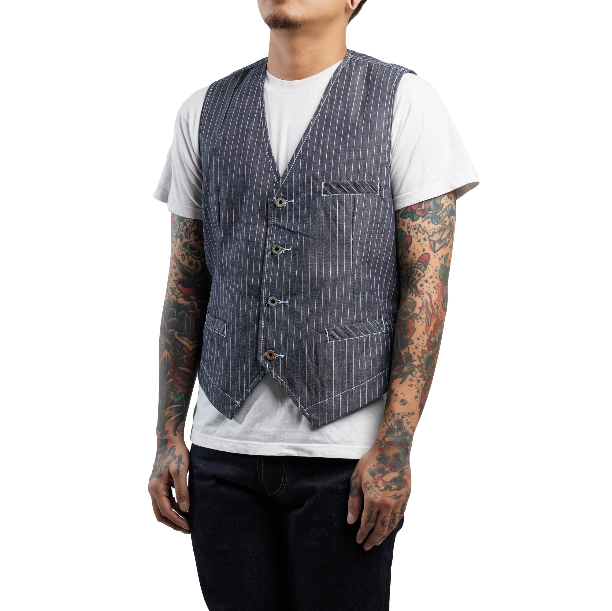 INDIGO VINTAGE STRIPE WORK VEST | Nama Denim